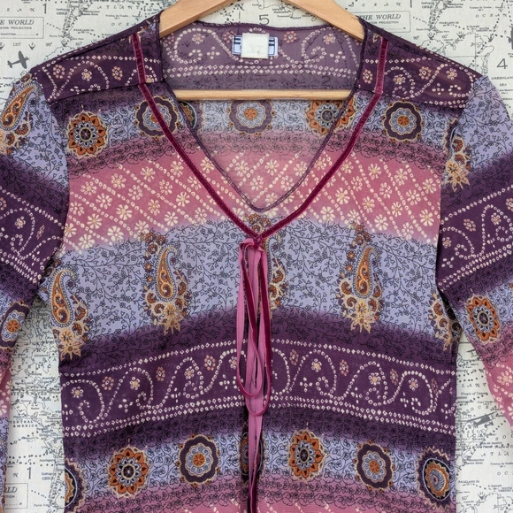 Y2K Boho Fairy Asymmetrical Paisley Mesh Top With Velvet Bow Size Medium - Picture 5 of 8